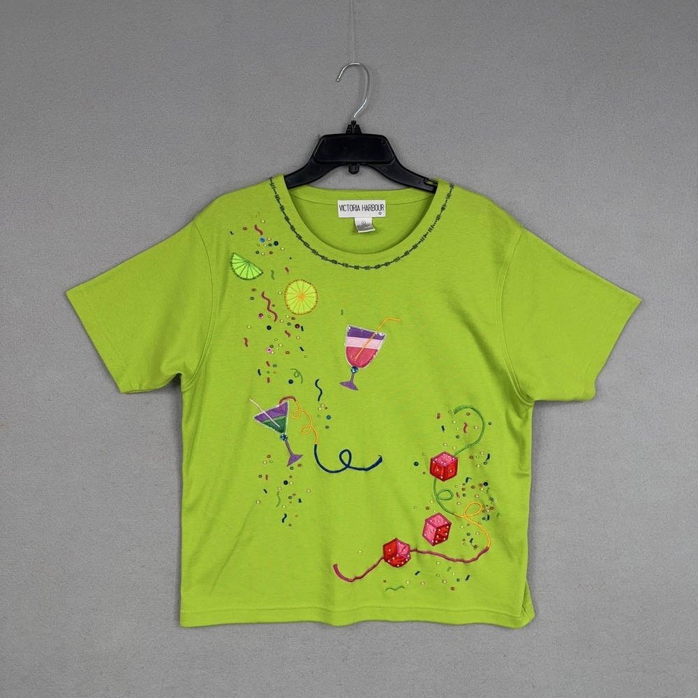 Vintage Victoria Harbour Shirt Womens XL Green Cocktail Dice Beaded Top 90s